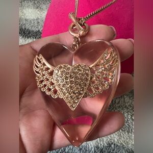 Betsey Johnson Vintage Huge Lucite Heart Rose Gold Wings Necklace